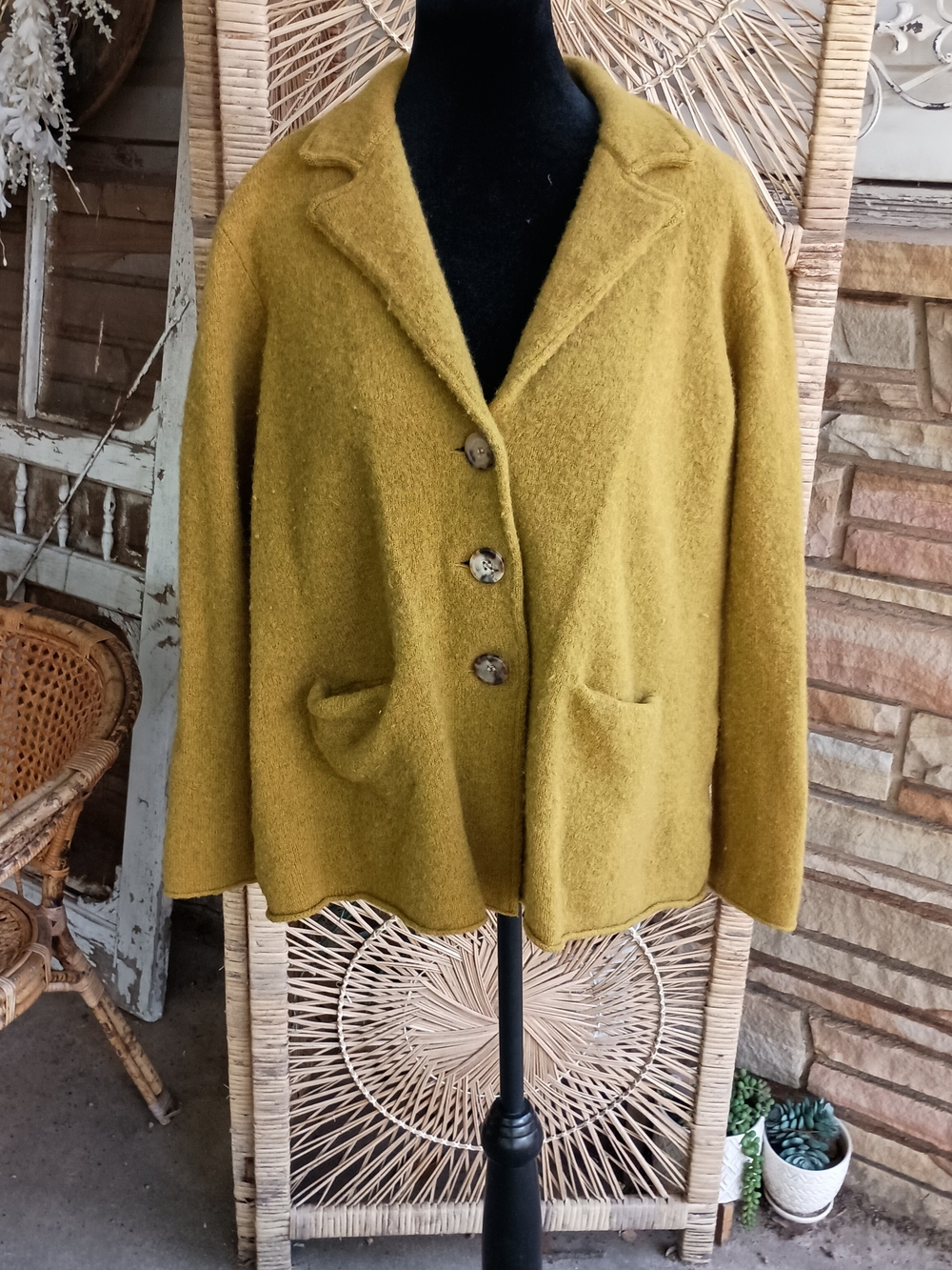 Eileen Fisher Mustard Yellow Wool-Blend Single-Breasted Jacket_XL